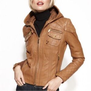 Michael Kors brown leather hooded jacket. Gold hardware. PS worn once